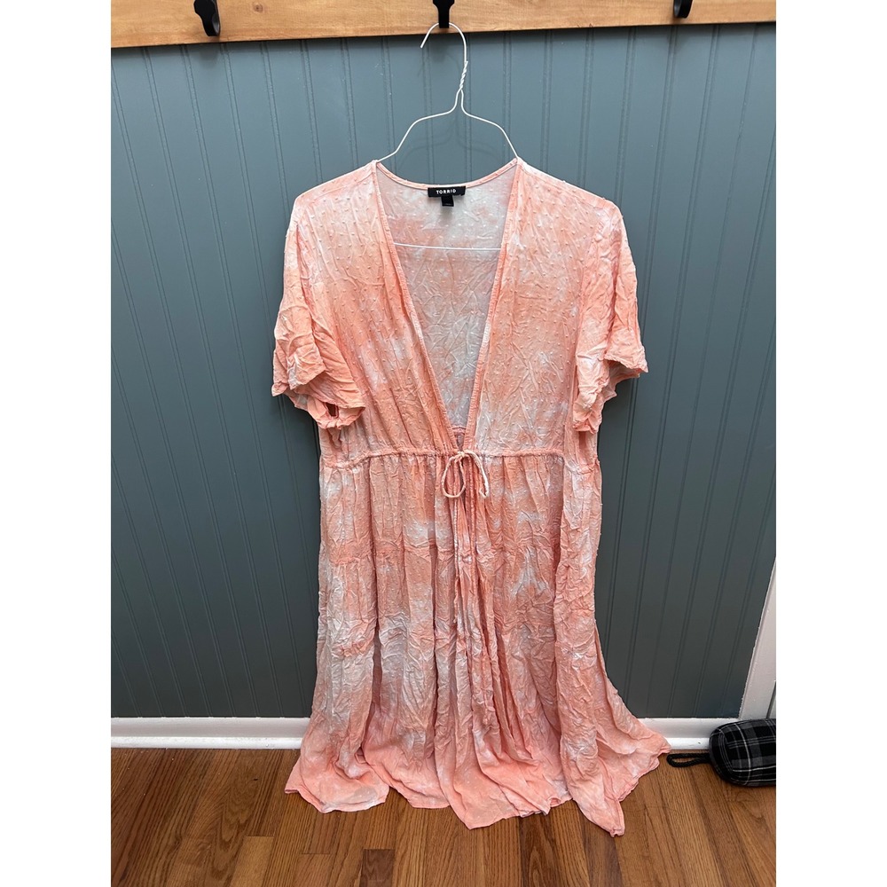 Torrid 3 Peach Tie Dye Clip Dot Kimono Swim Cover Up Tiered Midi Dress Plus Size